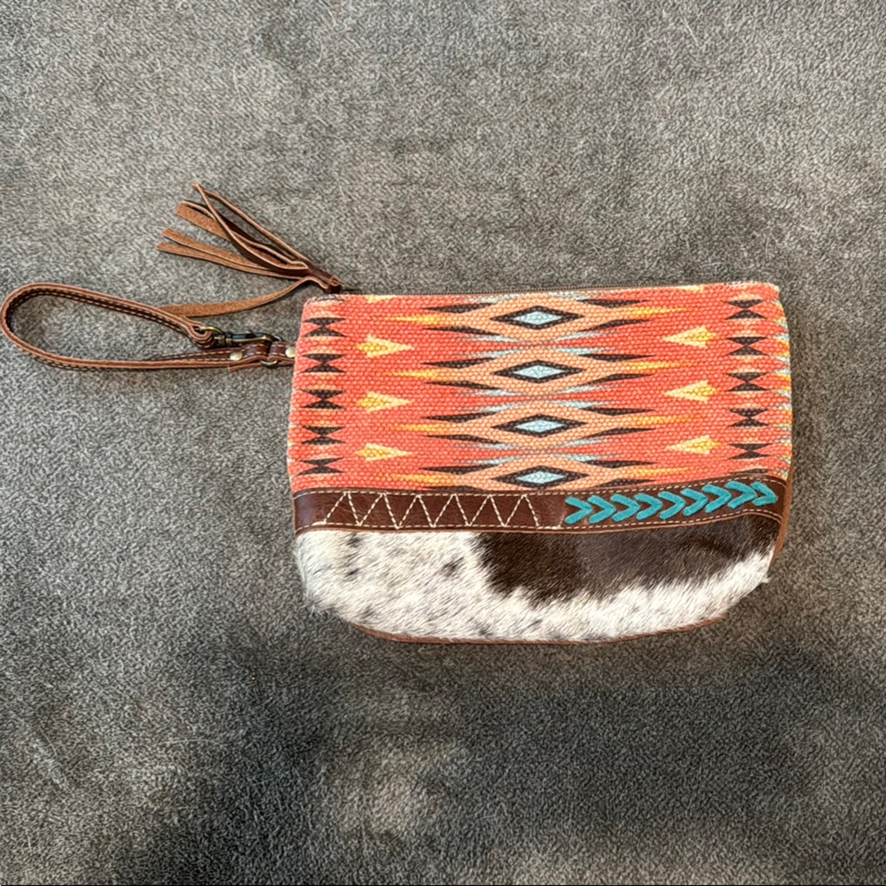 Myra Bohemian Patterned Clutch with Real Cowhide and Southwest Design